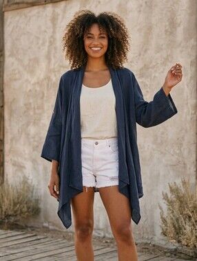 Mistica Italy Navy Linen Open Front Cardigan Duster Lightweight Boho medium